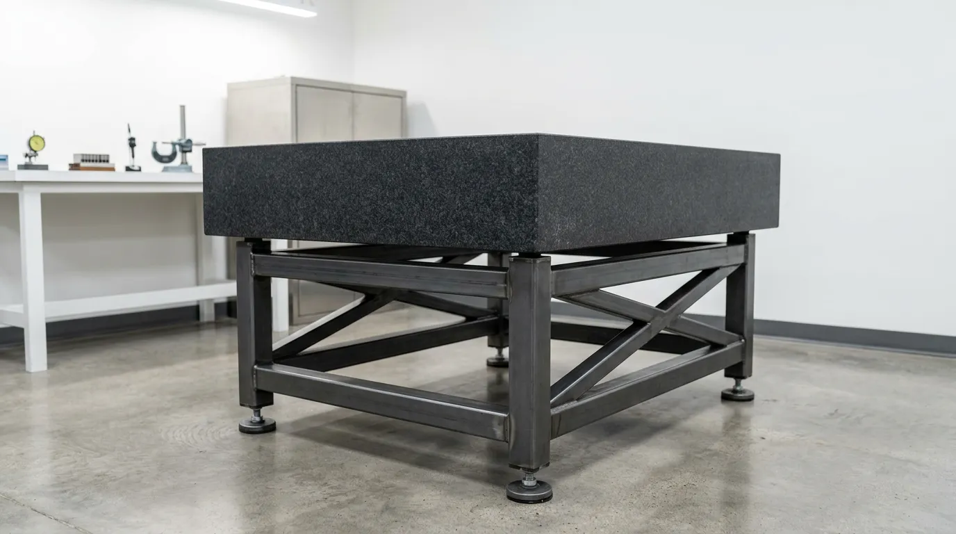 Granite surface plate on precision steel stand in quality control laboratory